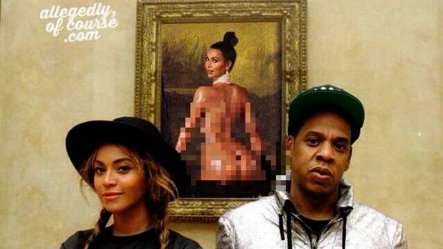 Dois memes em um só: o passeio privê de Beyoncé e Jay Z no Louvre e KK ao fundo, como uma Mona Lisa