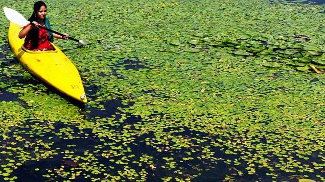Jovem rema caiaque em lago coberto por plantas aquáticas em Srinagar, na Índia
