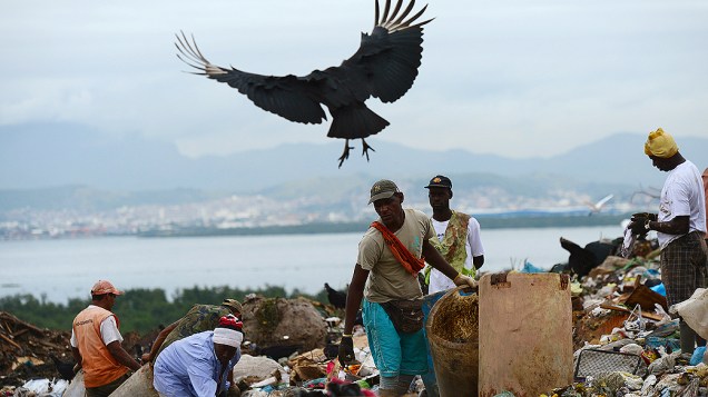 Desativação do aterro sanitário de Gramacho, catadores no lixão; porcos, urubus e lixo se misturam aos catadores de materiais recicláveis