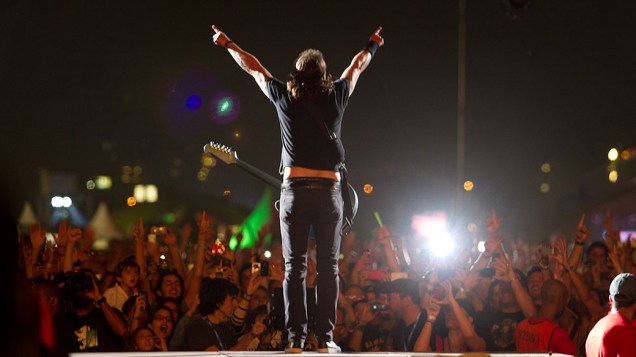 David Grohl, vocalista do Foo Fighters, no primeiro dia do Lollapalooza Brasil, no Jockey Club de São Paulo, em 07/04/2012