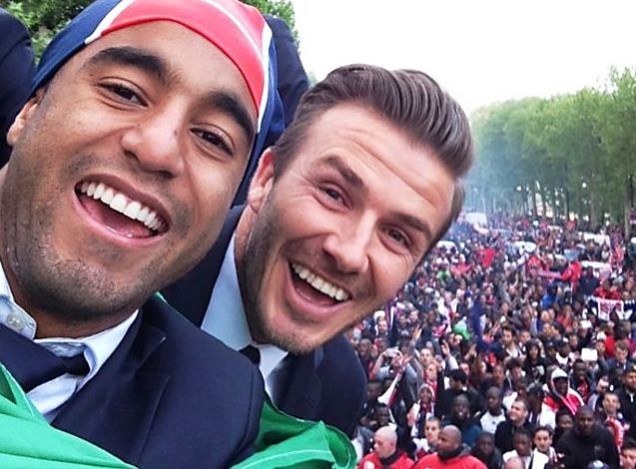 Lucas e Beckham na festa do título do PSG