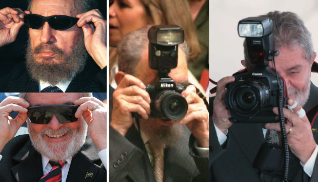 Fidel Castro põe um par de óculos escuros em 1999 e Lula também, dez anos depois. Fidel troca de lugar com fotógrafos em 2004. Lula repete a piada em 2009 - Fotomontagem: Robson Fernandjes/AE - Christophe Simon/AFP - Adalberto roque/AFP - Ed Ferreira/AE