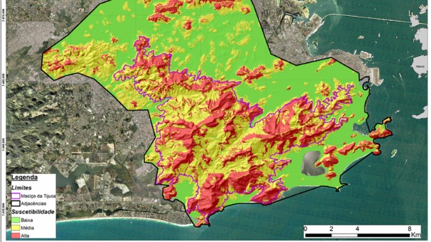O mapa com as áreas com risco de deslizamento: áreas vermelhas são as mais vulneráveis
