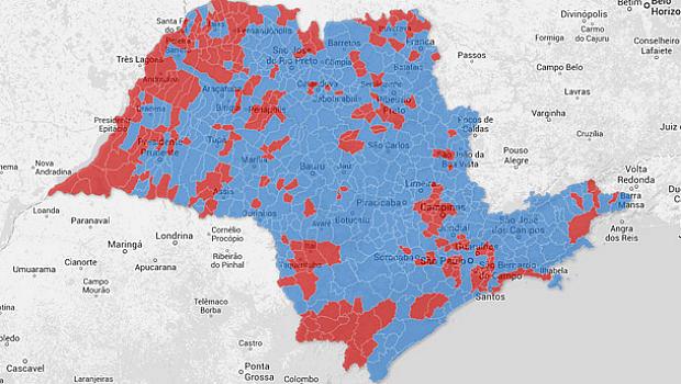 Mapa dos votos em São Paulo na eleição 2010: vitória tucana
