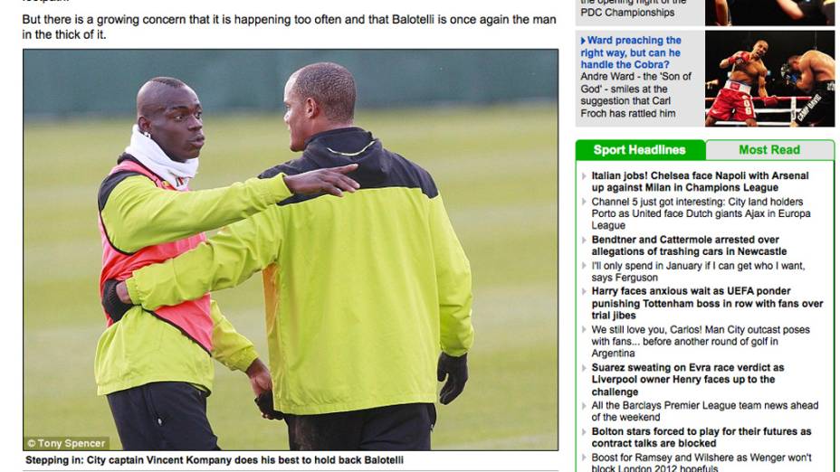 Sequência de fotos publicada no jornal Daily Mail, mostra Mario Balotelli, após briga no treino