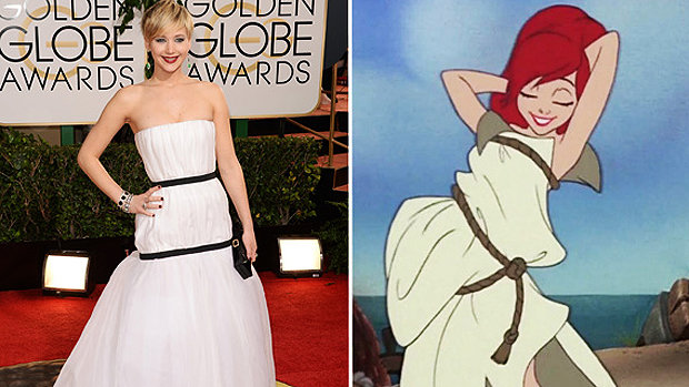 Público logo apontou a semelhança do vestido da Jennifer Lawrence com o figurino improvisado da animação A Pequena Sereia