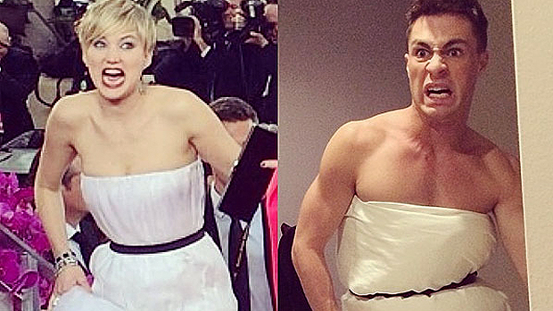 Rapaz usa lençol branco amarrado no corpo para copiar vestido de Jennifer Lawrence no Globo de Ouro 2014