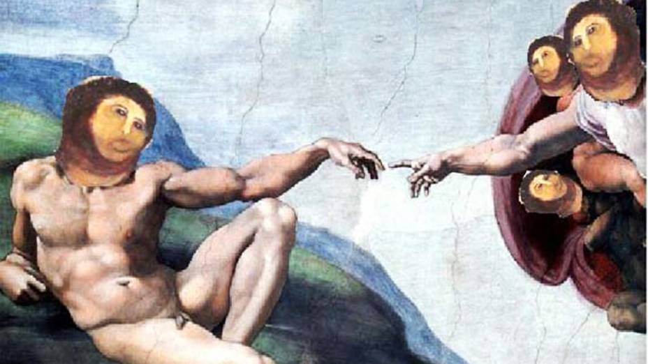 Imagem do afresco "restaurado" por idosa na Espanha, em reprodução da pintura do teto da Capela Sistina