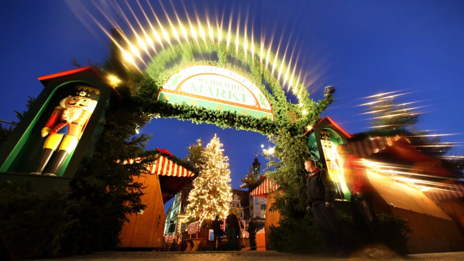 Entrada do mercado de Natal de Leipzig, na Alemanha