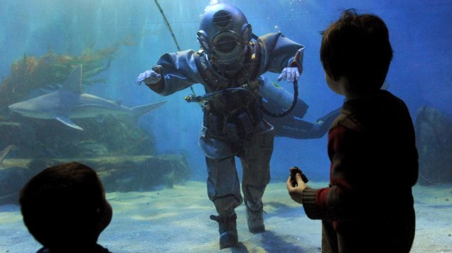 Crianças assistem a uma apresentação de mergulhadores em trajes antigos no aquário de Melbourne, na Austrália