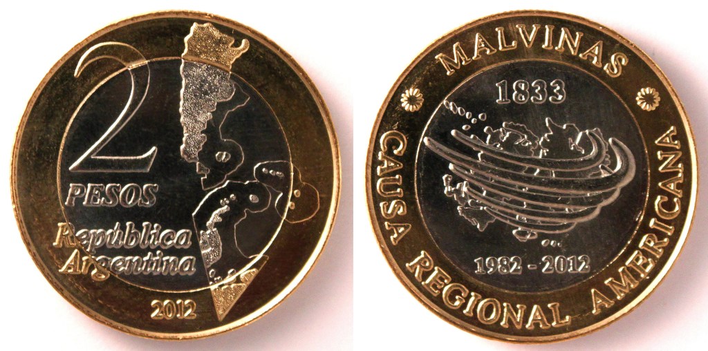 Peso argentino que comemora a guerra das Malvinas