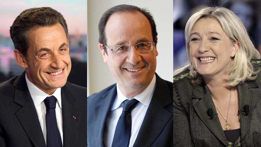 Montagem com Nicolas Sarkozy, François Hollande e Marine le Pen, principais candidatos à presidência da França