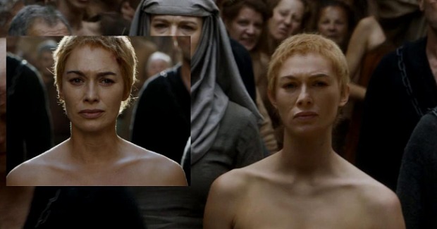 Montagem compara cena fechada no rosto da atriz e outra em que a dublê de corpo aparece