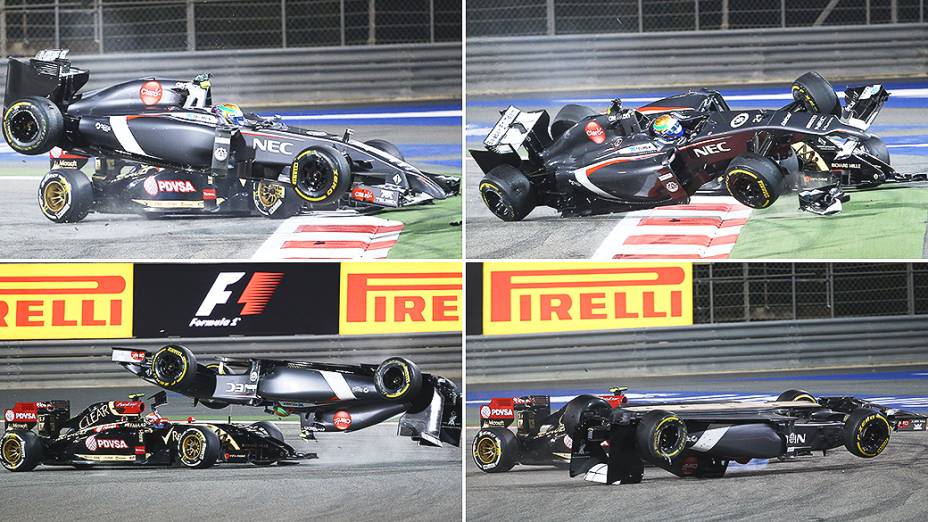 O venezuelano Pastor Maldonado da Lotus atinge o carro do mexicano Esteban Gutierrez da Sauber no Grande Prêmio do Bahrein