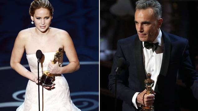 Vencedores nas categorias de Melhor Atriz e Melhor Ator no Oscar 2013 Jennifer Lawrence e Daniel Day-Lewis