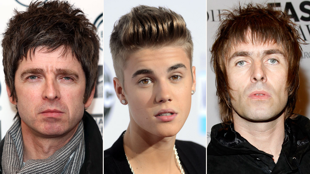 Os cantores Noel Gallagher, Justin Bieber e Lian Gallagher