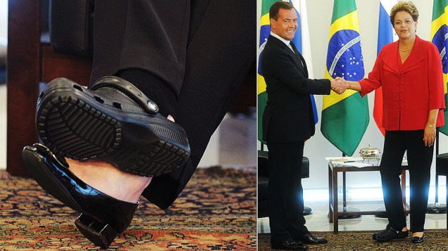 Presidente Dilma Roussef recebe o Primeiro Ministro russo Dimitri Medvedev usando sandália enquanto ainda se recupera de lesão no pé direito
