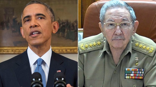 Barack Obama e Raúl Castro durante pronunciamento simultâneo sobre a retomada das relações diplomáticas entre Estados Unidos e Cuba após mais de cinco décadas