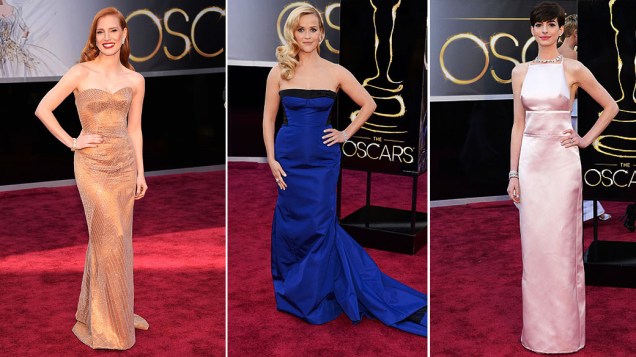 Jessica Chastain, Reese Witherspoon e Anne Hathaway desfilam no tapete vermelho durante a cerimônia do Oscar 2013