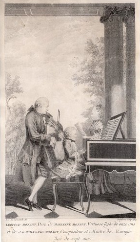 Gravura de Jean-Baptiste Delafosse que mostra Mozart, sua irmã e seu pai, Leopold no violino
