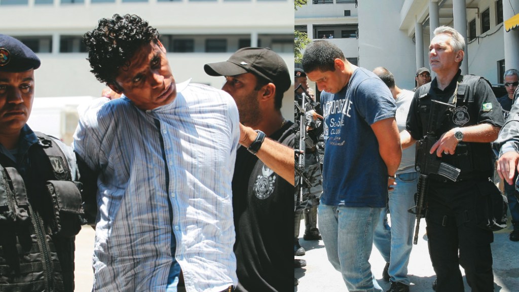 Polícia ou Bandido - O inspetor Carlos Daniel Dias (à dir.) foi preso quando tentava dar fuga a comparsas do traficante Nem (à esquerda, no momento da sua prisão)