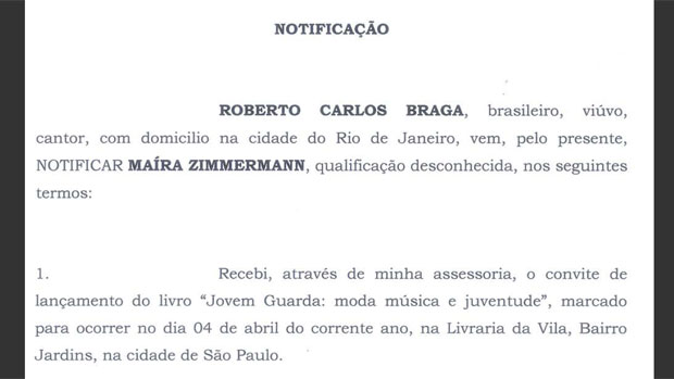 Trecho da notificação emitida pelo advogado de Roberto Carlos à pesquisadora Maíra Zimmermann