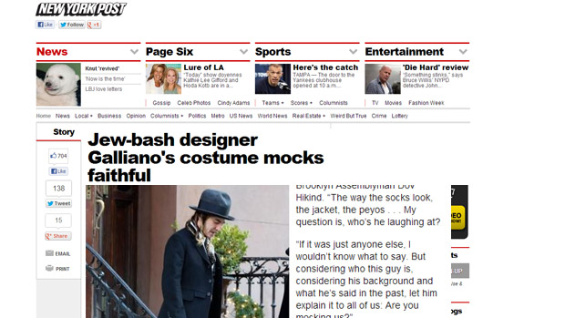 O estilista britânico John Galliano vestido como judeu ortodoxo, em Nova York