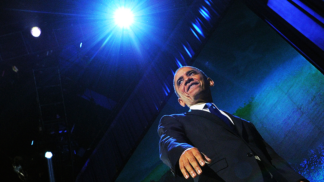 O presidente reeleito dos Estados Unidos, Barack Obama, durante o discurso da vitória no quartel general de sua campanha em Chicago, Illinois (EUA)
