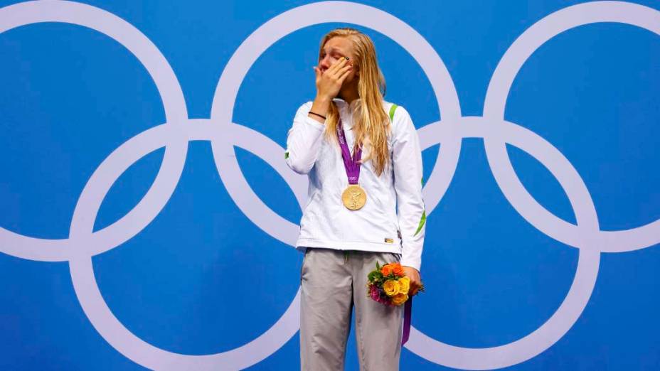 A lituana Ruta Meilutyte, medalha de ouro nos 100m nado peito, em 30/07/2012