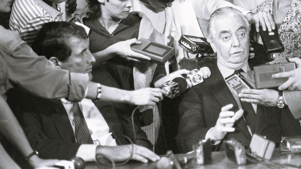 Entrevista coletiva do governador Orestes Quércia (esquerda) e o prefeito Jânio Quadros em 24/04/1987