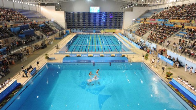 Vista geral do centro aquático durante rotina técnica da qualificação do nado sincronizado, no quinto dia dos Jogos Pan-Americanos em Guadalajara, México, em 19/10/2011
