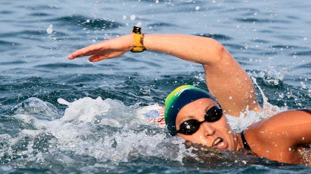 A brasileira Poliana Okimoto durante prova feminina de 10km de maratona aquática, no oitavo dia dos Jogos Pan-Americanos em Guadalajara, México, em 22/10/2011