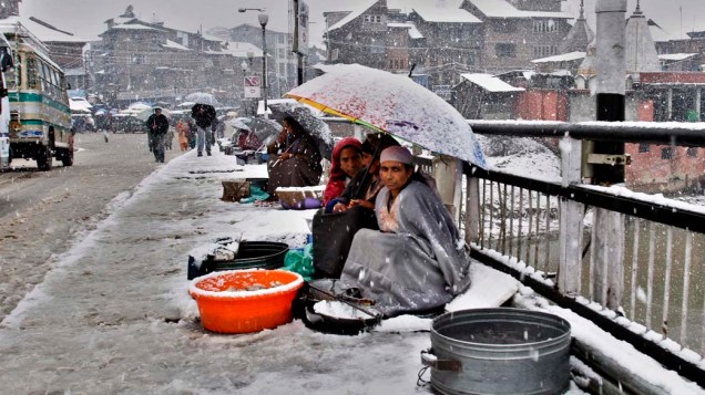 Pescadoras indianas vendem peixes durante nevasca no centro de Srinagar