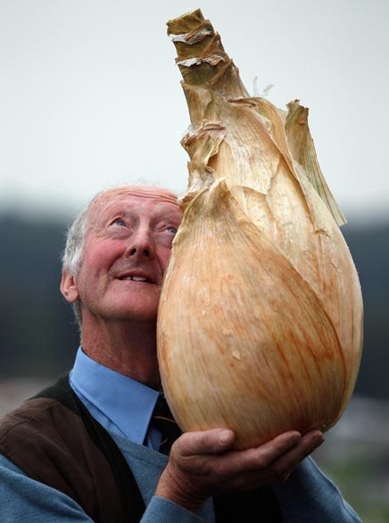 O agricultor britânico Peter Glazebrook com a maior cebola do mundo, que bateu o recorde mundial com 8.150 kg