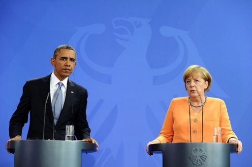 Barack Obama, presidente dos EUA, em coletiva de imprensa ao lado de Angela Merkel, chanceler alemã