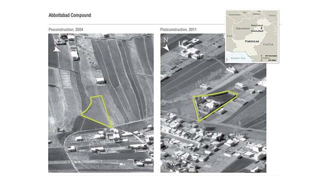 Imagens de satélite usadas pela CIA mostram o local do refúgio em 2004, antes da construção da casa, e em 2009, já com o complexo em operação