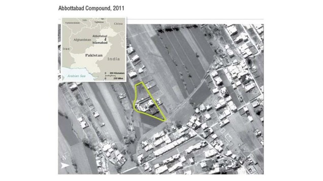 Mais uma imagem de satélite usada pela CIA: perímetro da mansão mostra que o complexo era muito maior que as demais casas do local