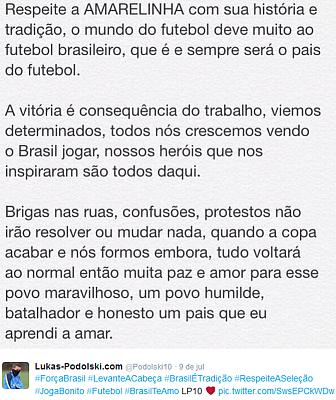 Podolski manda mensagem aos brasileiros, após vexame contra a Alemanha