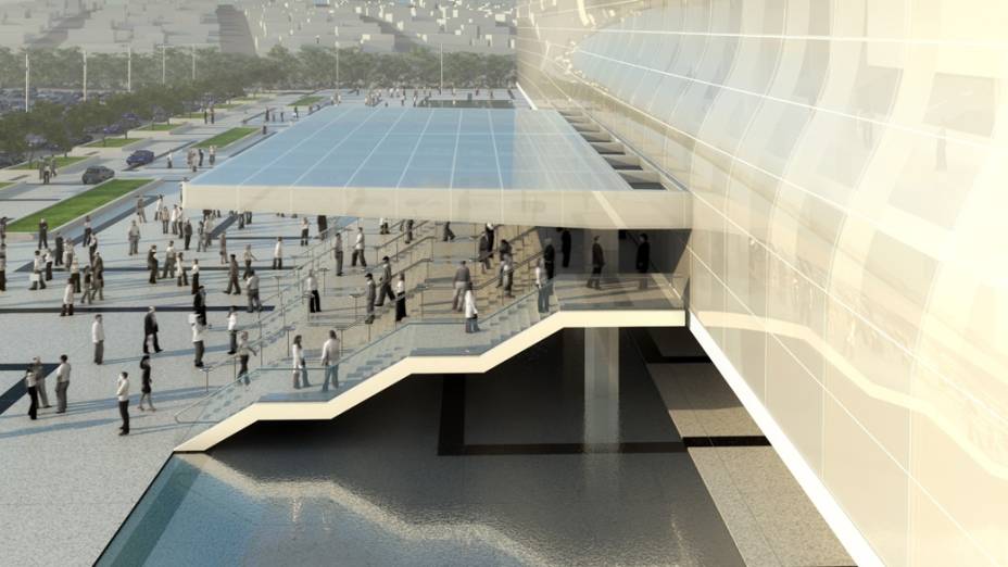 Projeção de como será a área externa do novo estádio do Corinthians, em Itaquera, São Paulo