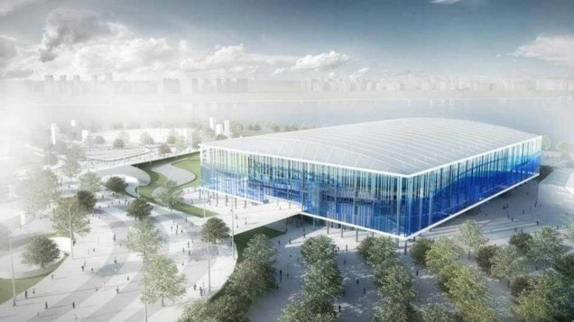 Projeto do centro de esportes aquáticos, uma instalação temporária, para a Olimpíada do Rio-2016