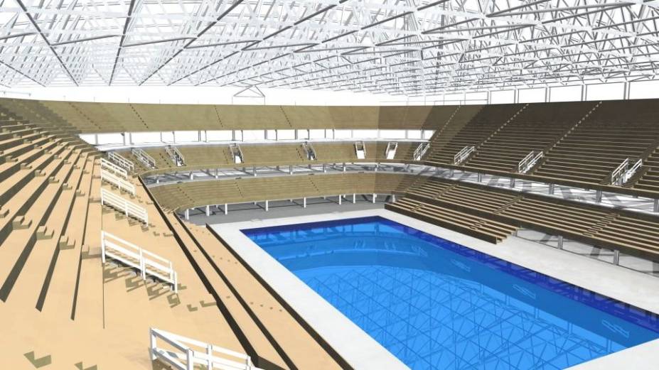 Projeto do centro de esportes aquáticos, uma instalação temporária, para a Olimpíada do Rio-2016