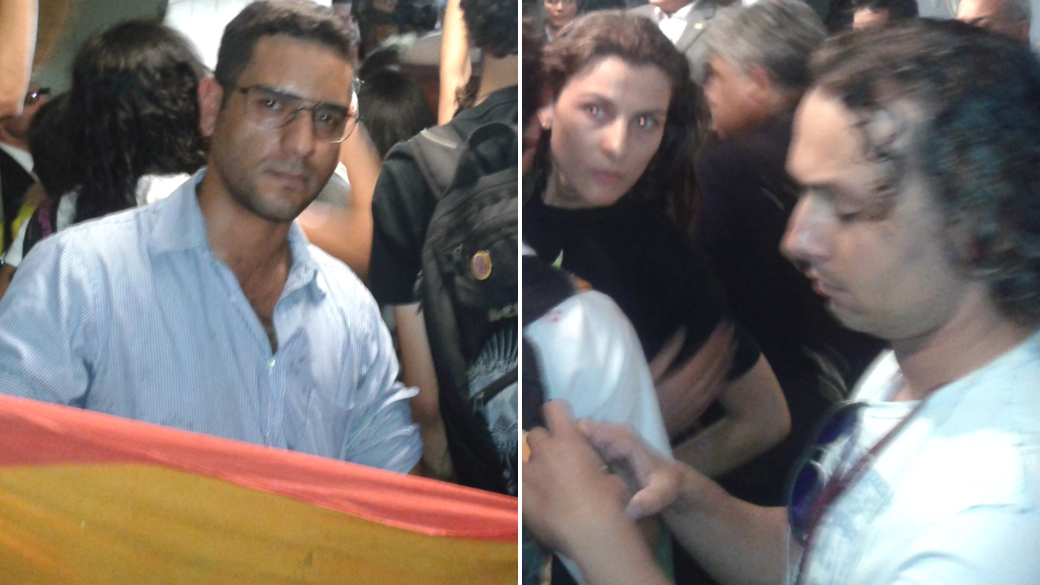 Tiago Oliveira, assessor da liderança do PV e Rodrigo Cademartori, assessor de Érica Kokay em protesto contra o deputado Marco Feliciano