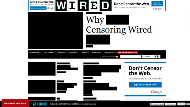 Wired protesta contra os projetos de lei americanos Sopa e Pipa. É preciso passar o cursor por cima do texto para ler as chamadas 