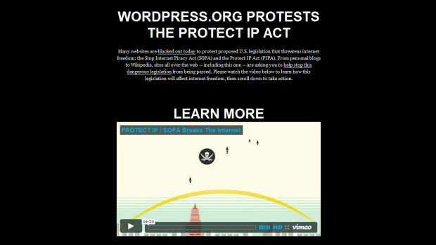 Blecaute da página Wordpress.com contra os projetos de lei americanos