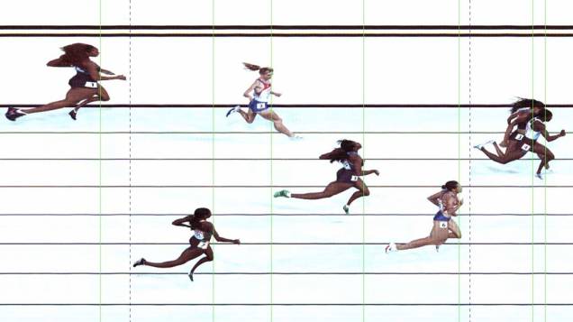 Imagem computadorizada - conhecida como "photo finish" - da linha de chegada da prova feminina dos 100 metros durante o Mundial de Atletismo em Daegu, Coreia do Sul