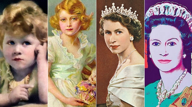 A vida de Elizabeth: aos 3 anos, aos 7, na época da coroação e já rainha, pintada por Andy Warhol