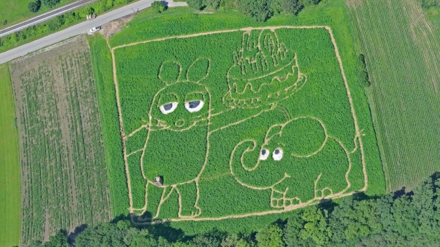 Os personagens do programa infantil alemão “Die Sendung mit der Maus” desenhados em campo da cidade de Utting, Alemanha. O desenho forma um labirinto que pode ser visitado pelo público até setembro