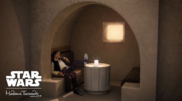 Reprodução da cena da taverna Mos Eisley Cantina com o personagem Han Solo, no museu Madame Tussauds