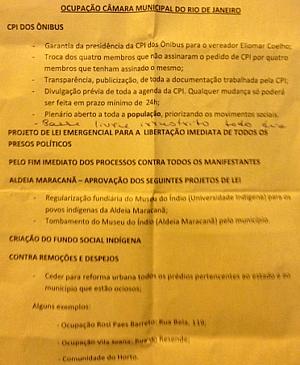 Rio: Carta entregue pelos manifestantes na Câmara