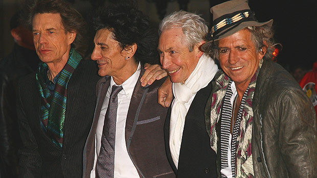 A banda de rock Rolling Stones: Mick Jagger, Ronnie Wood, Charlie Watts e Keith Richards